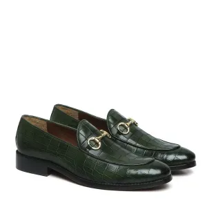 Green Full Deep Cut Leather Loafer With Horse-bit Buckle