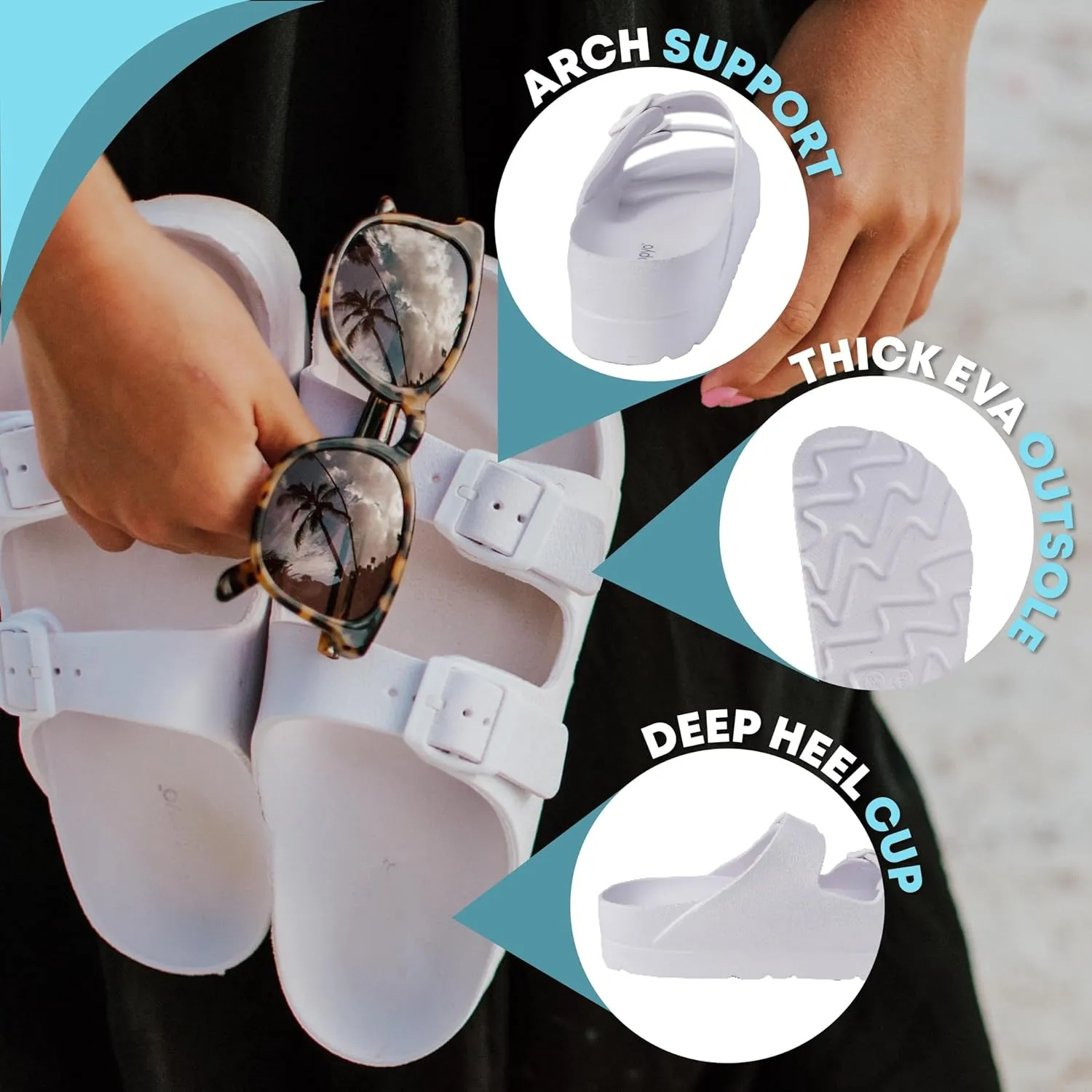 Happyo MUCHO MAHALO Maui Women's Platform Sandals, Adjustable Buckle Flat Sandals with Arch Support, EVA Foam Slides with Thick Soles Extra Cushion