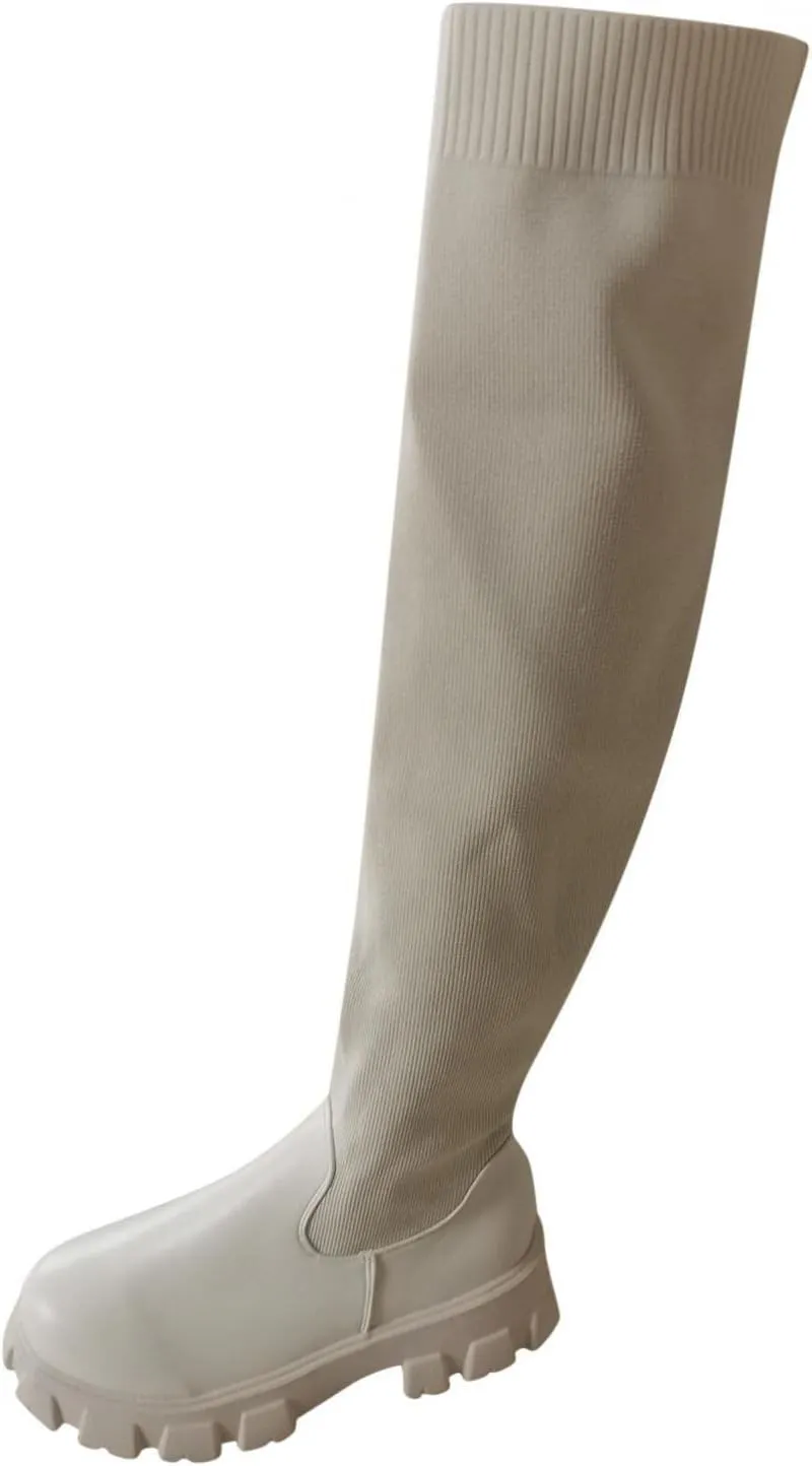 Hbeylia Platform Tight High Boots for Women Ladies Fashion Stretch Knitted Leather Round Toe Chunky Bottom Slip On Flats Over The Knee Boots Casual Non Slip Winter Fall Long Tall Boots for Wedding
