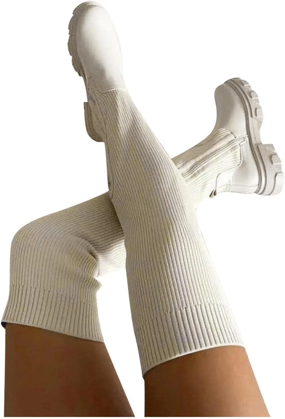 Hbeylia Platform Tight High Boots for Women Ladies Fashion Stretch Knitted Leather Round Toe Chunky Bottom Slip On Flats Over The Knee Boots Casual Non Slip Winter Fall Long Tall Boots for Wedding