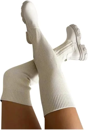 Hbeylia Platform Tight High Boots for Women Ladies Fashion Stretch Knitted Leather Round Toe Chunky Bottom Slip On Flats Over The Knee Boots Casual Non Slip Winter Fall Long Tall Boots for Wedding
