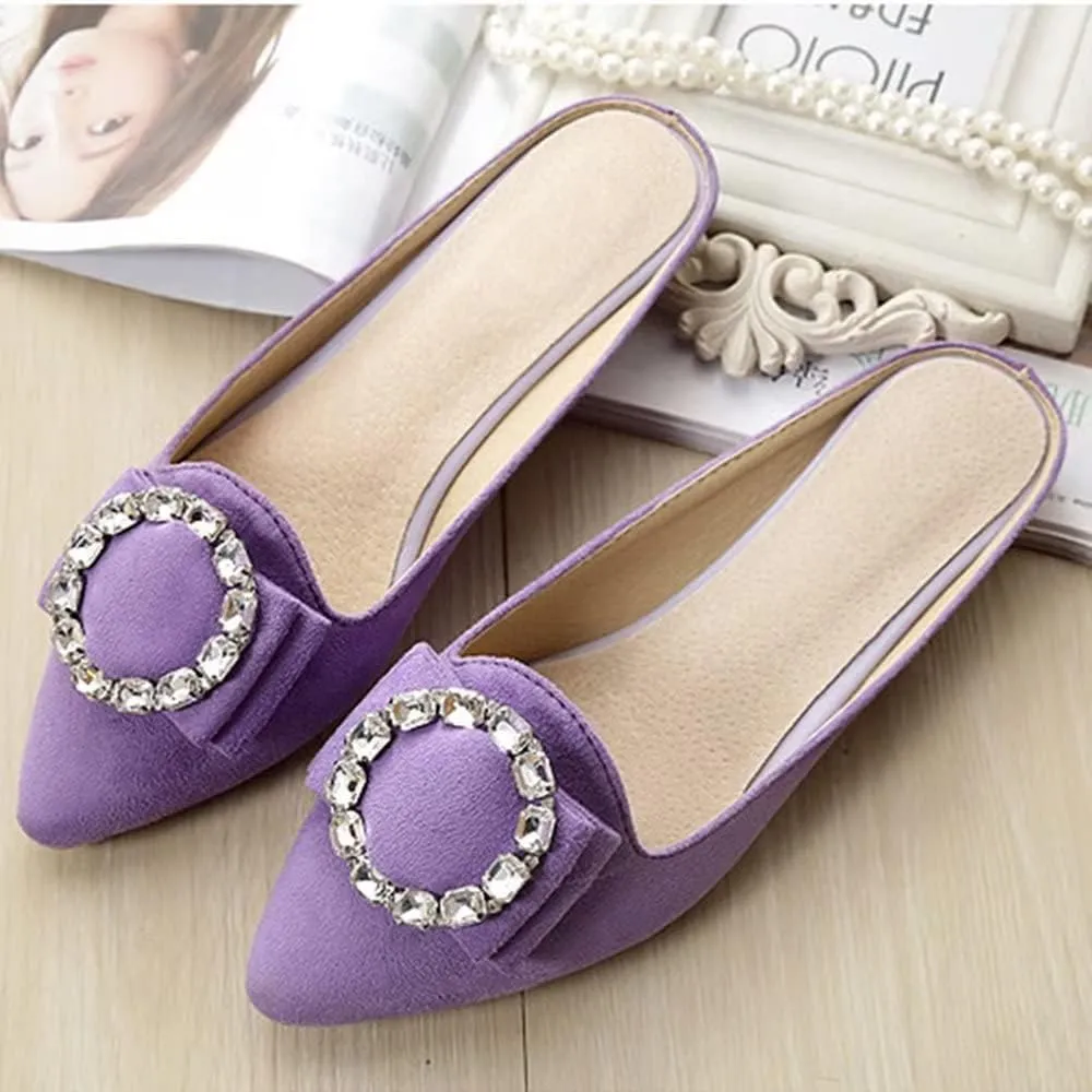 Hee grand Women's Flat Mules Crystal Shoes Rhinestone Pointed Toe Backless Slides Light Weight Slip on Loafers