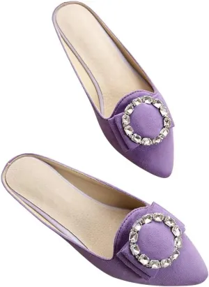 Hee grand Women's Flat Mules Crystal Shoes Rhinestone Pointed Toe Backless Slides Light Weight Slip on Loafers