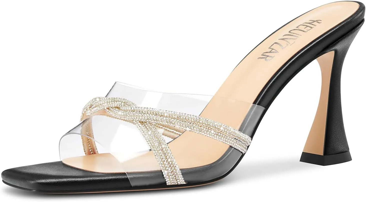 HEUIVZAR Womens Mid Kitten Heel Peep Open Square Toe Mules Shoes Slip-on Rhinestone Crystal Prom Clear Summer Shoes