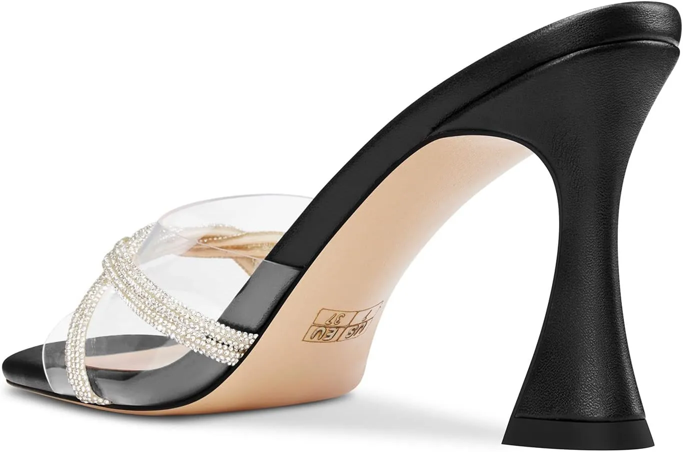 HEUIVZAR Womens Mid Kitten Heel Peep Open Square Toe Mules Shoes Slip-on Rhinestone Crystal Prom Clear Summer Shoes