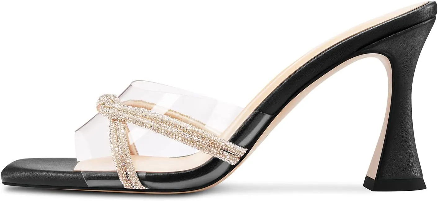 HEUIVZAR Womens Mid Kitten Heel Peep Open Square Toe Mules Shoes Slip-on Rhinestone Crystal Prom Clear Summer Shoes