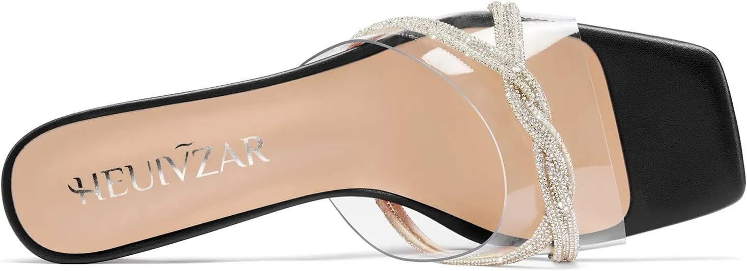 HEUIVZAR Womens Mid Kitten Heel Peep Open Square Toe Mules Shoes Slip-on Rhinestone Crystal Prom Clear Summer Shoes