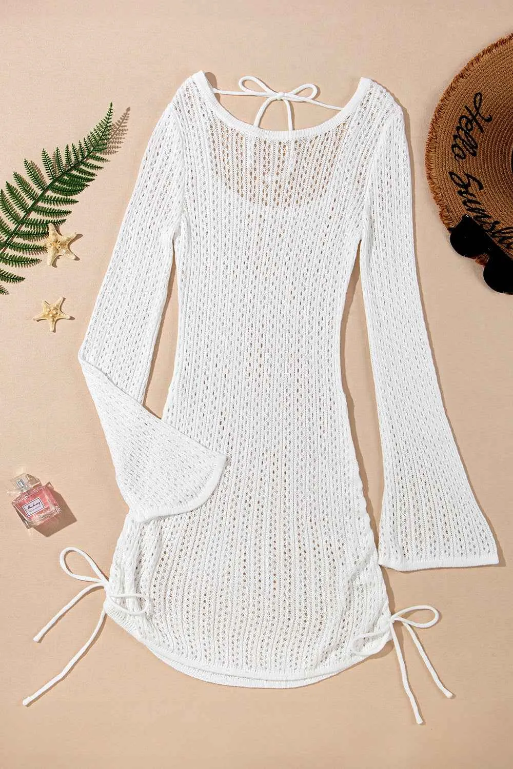 Hollow Out Cover Up Dress with Bell Sleeve and Drawstring Knit Design