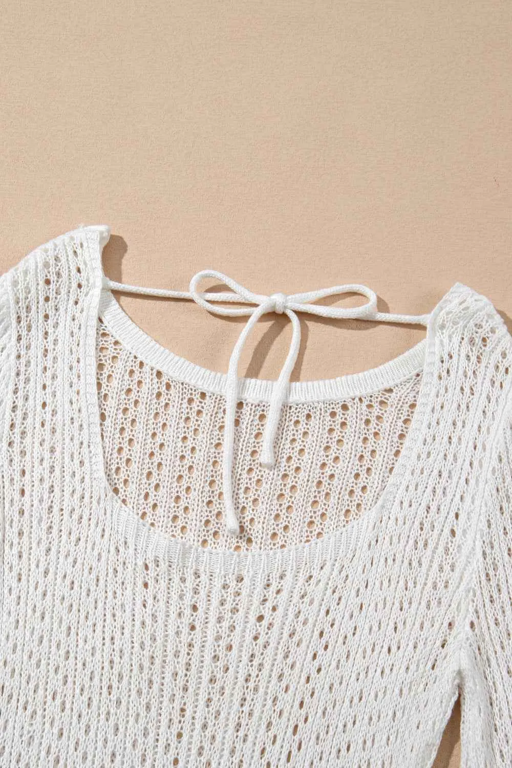 Hollow Out Cover Up Dress with Bell Sleeve and Drawstring Knit Design