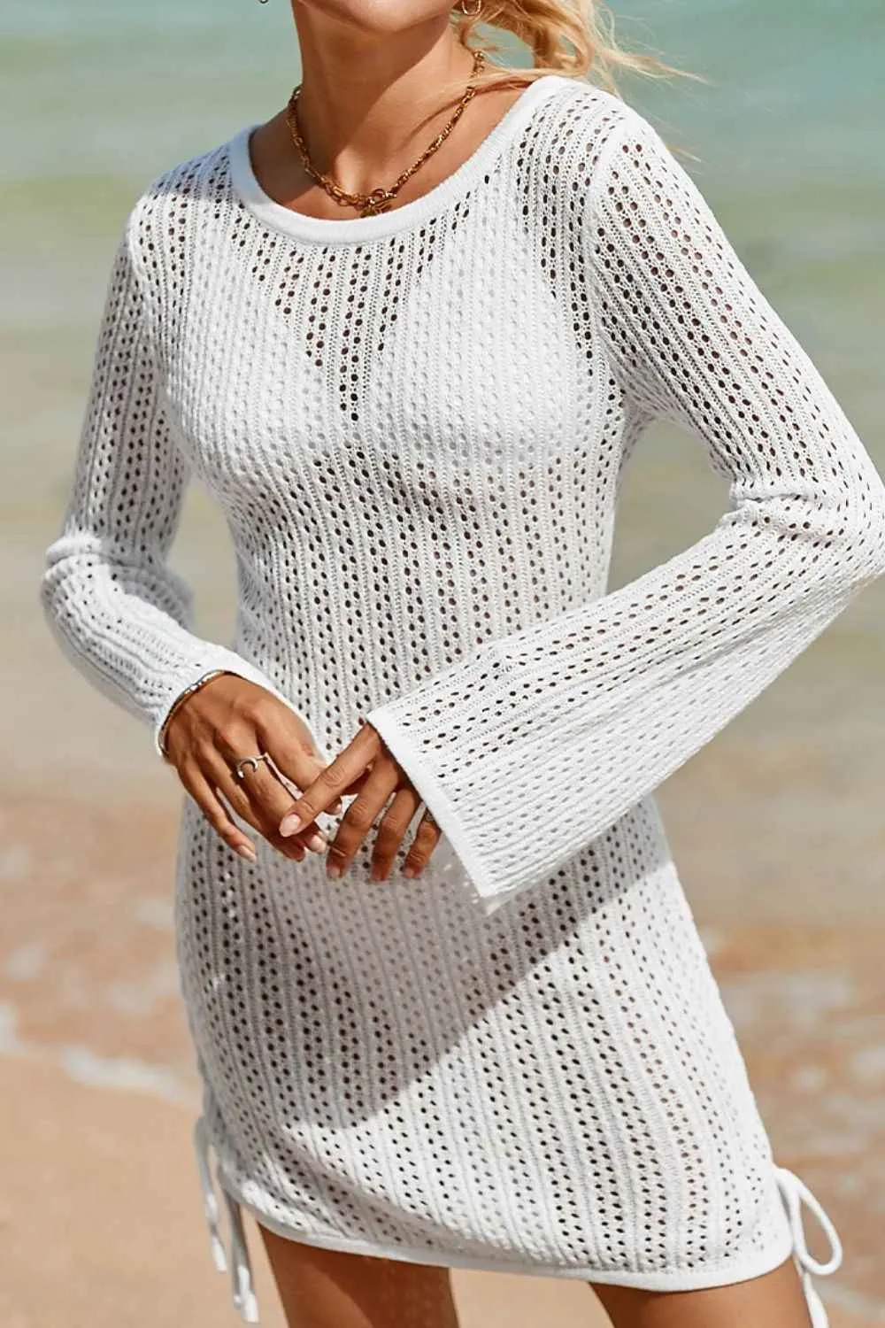 Hollow Out Cover Up Dress with Bell Sleeve and Drawstring Knit Design