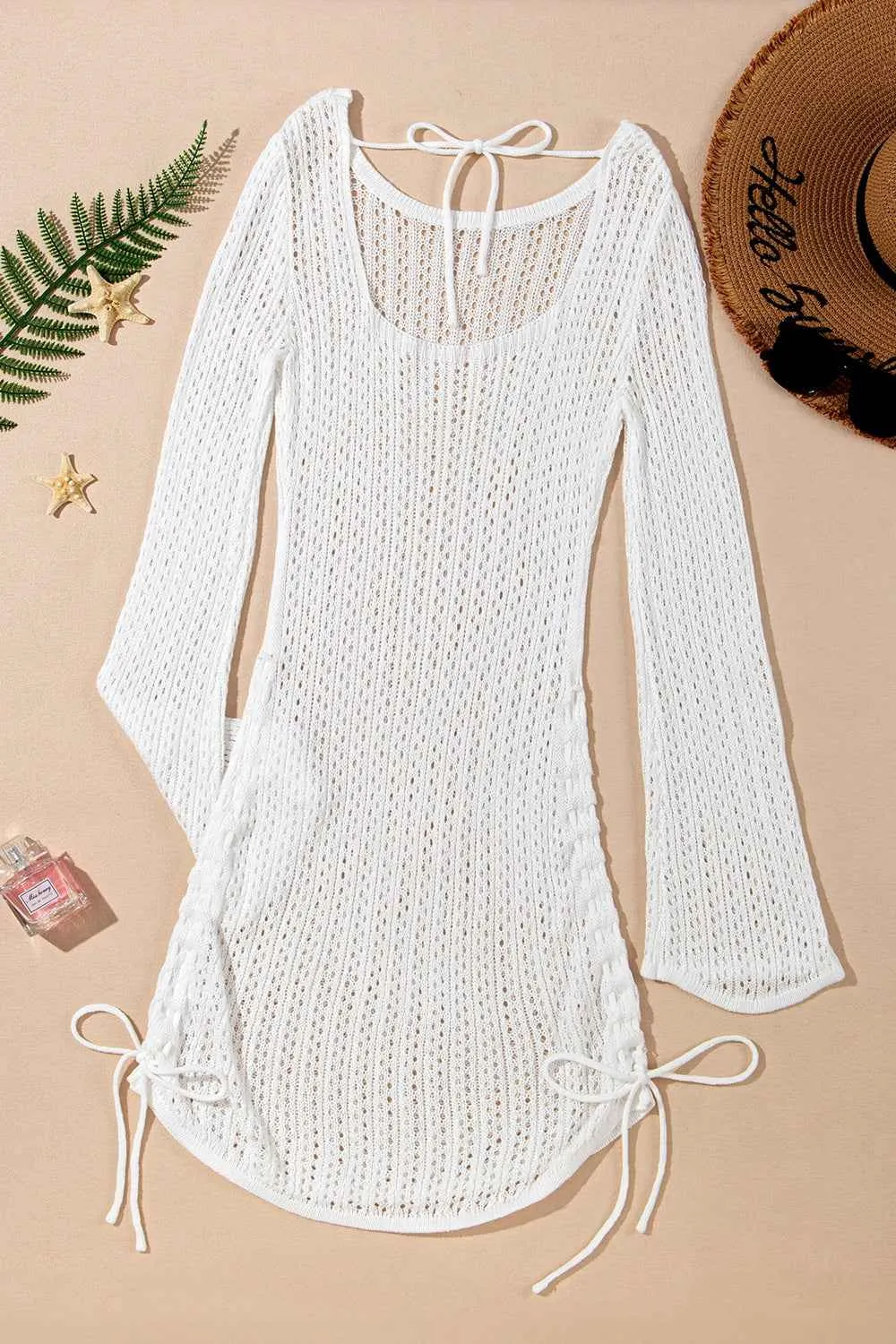 Hollow Out Cover Up Dress with Bell Sleeve and Drawstring Knit Design