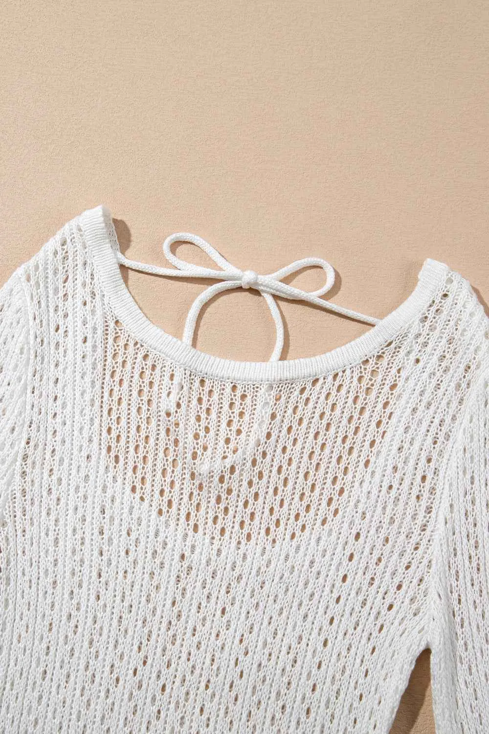 Hollow Out Cover Up Dress with Bell Sleeve and Drawstring Knit Design