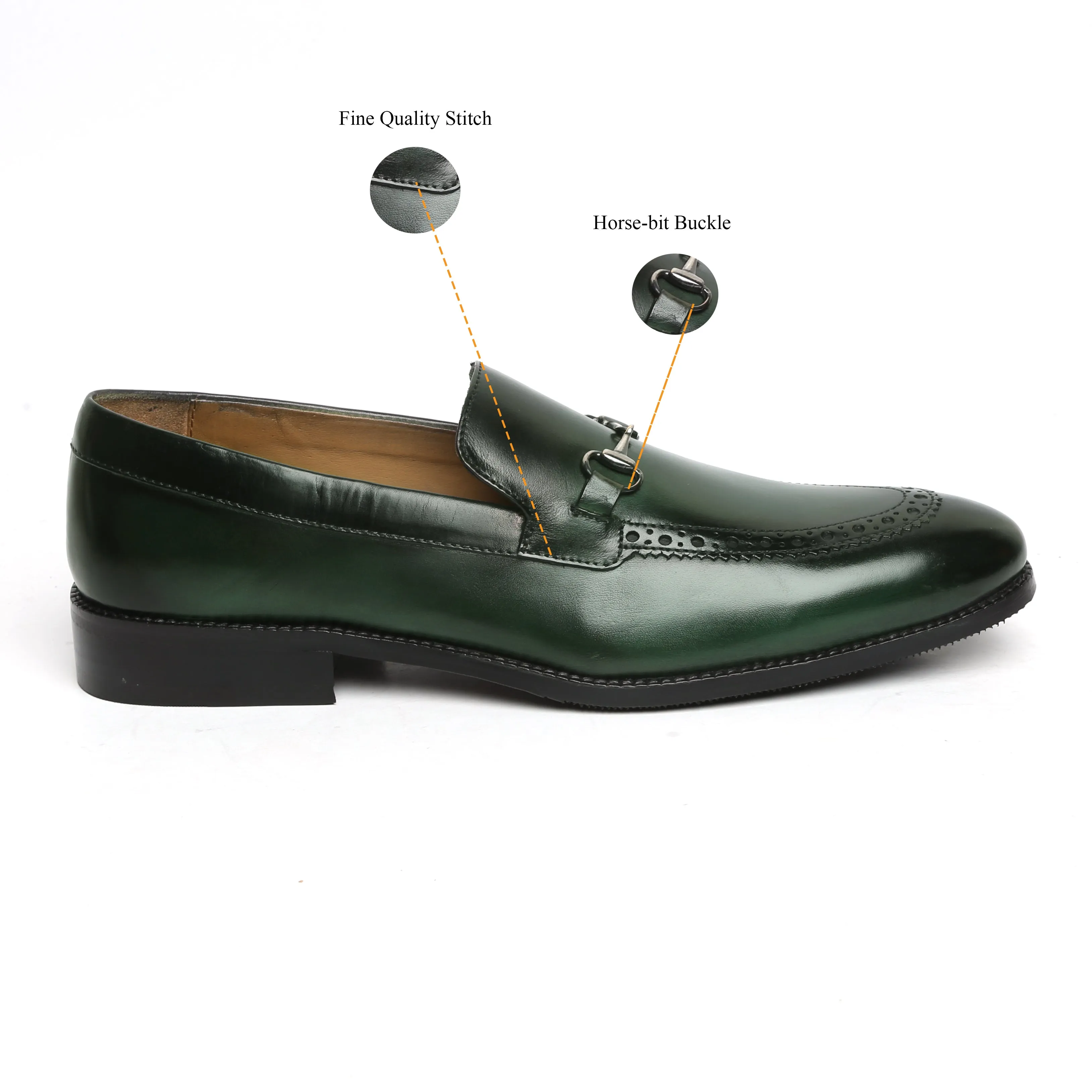 Horse-bit Detailing Leather Loafers with Green Punching Brogue Design