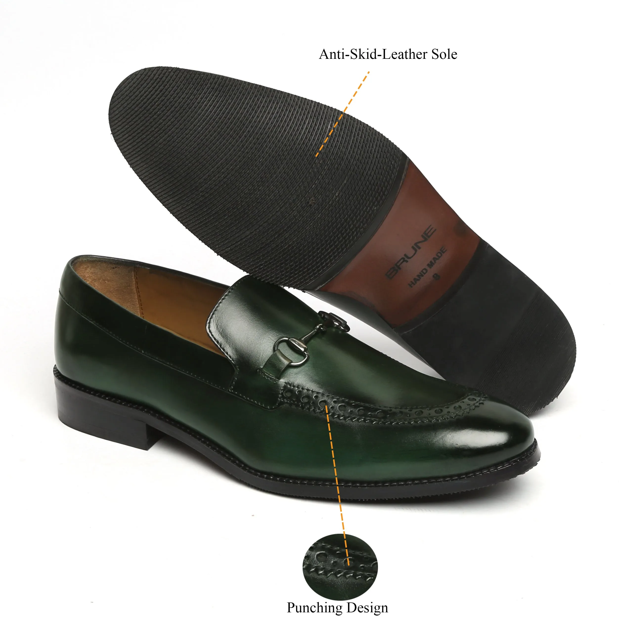 Horse-bit Detailing Leather Loafers with Green Punching Brogue Design