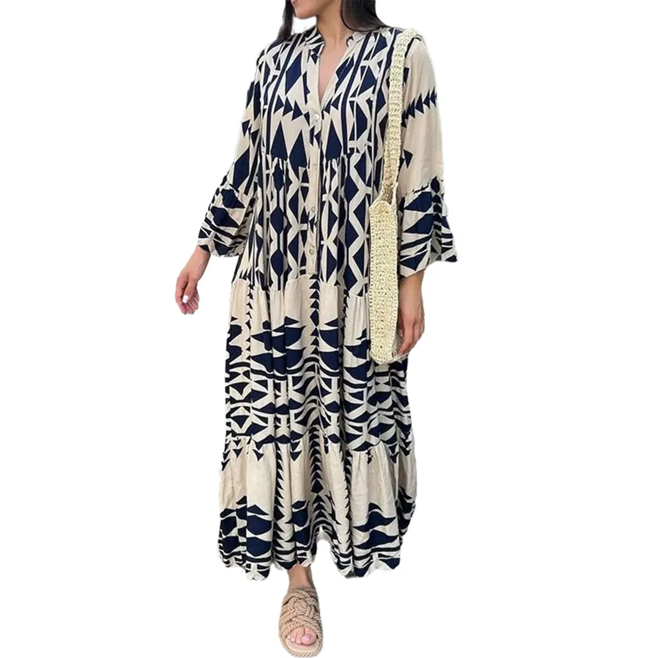 💥HOT SALE💥Oversized Retro Print V-Neck Dress - Buy two and get free shipping!