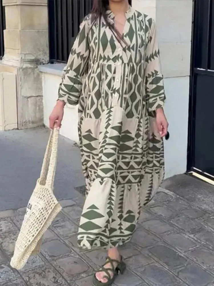 💥HOT SALE💥Oversized Retro Print V-Neck Dress - Buy two and get free shipping!