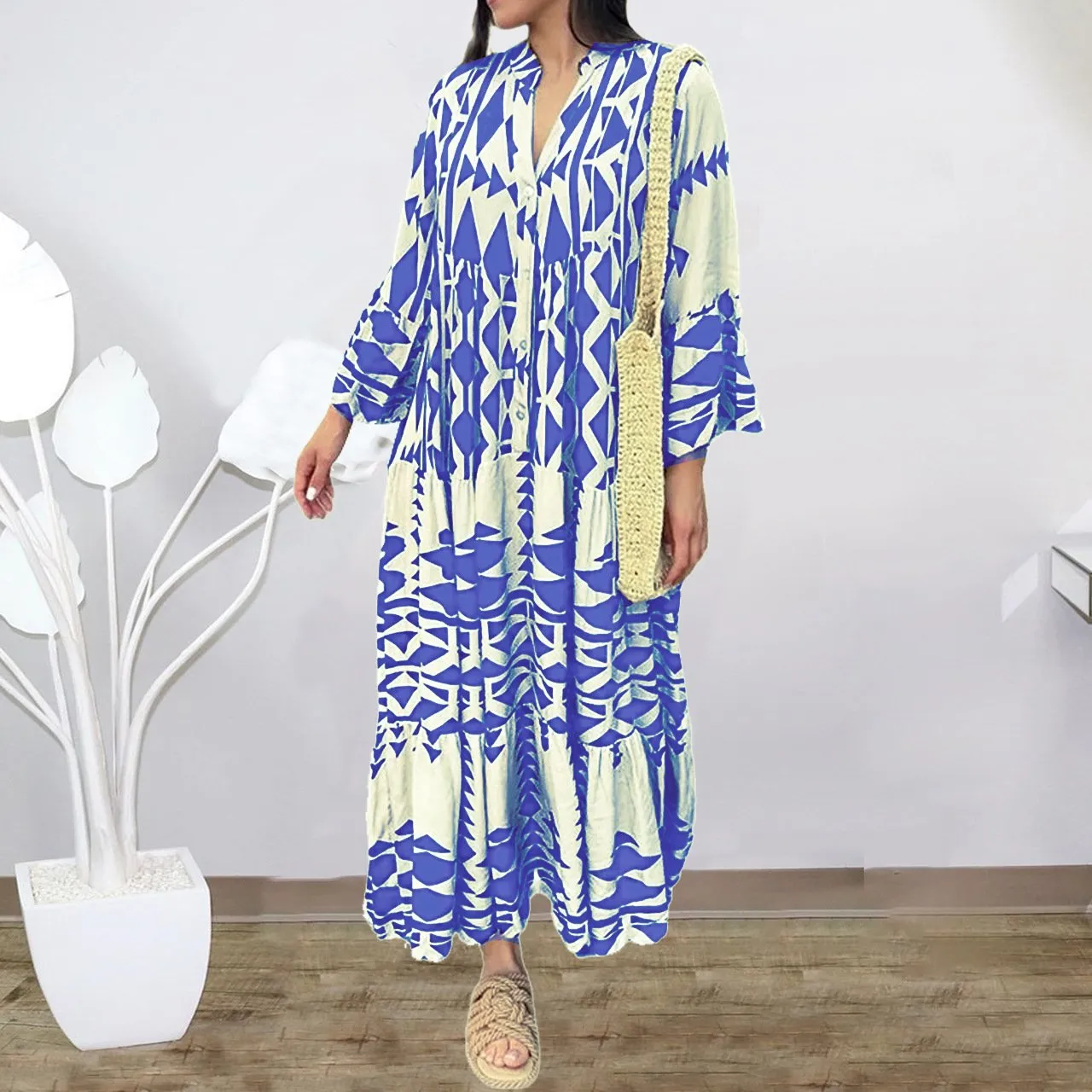 💥HOT SALE💥Oversized Retro Print V-Neck Dress - Buy two and get free shipping!