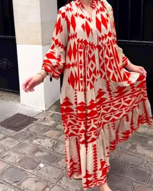 💥HOT SALE💥Oversized Retro Print V-Neck Dress - Buy two and get free shipping!