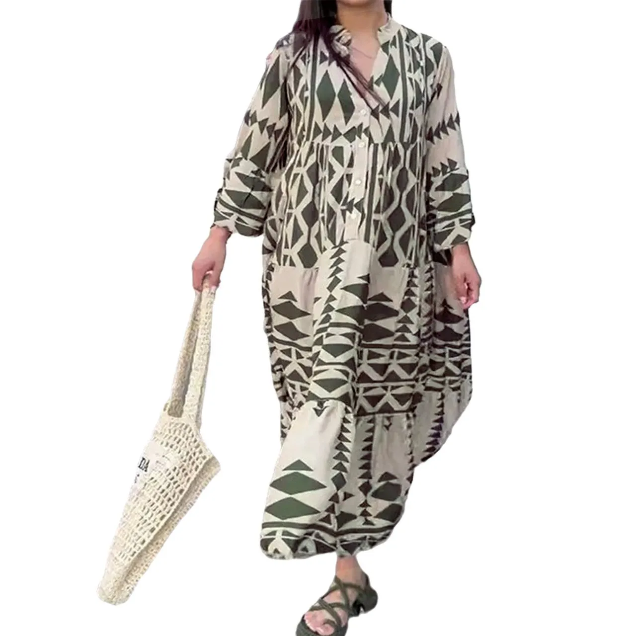 💥HOT SALE💥Oversized Retro Print V-Neck Dress - Buy two and get free shipping!