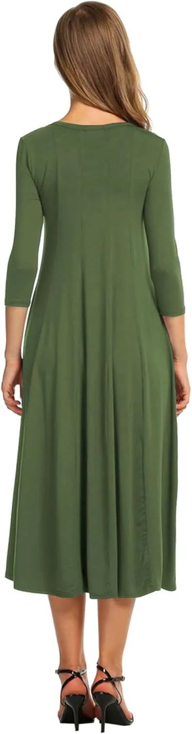 HOTOUCH Women's 3/4 Sleeve A-line and Flare Midi Long Dress