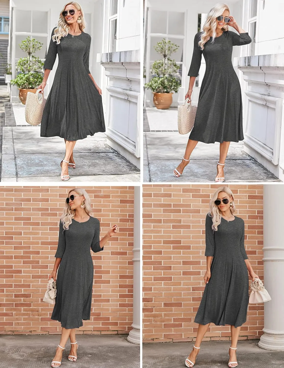 HOTOUCH Women's 3/4 Sleeve A-line and Flare Midi Long Dress
