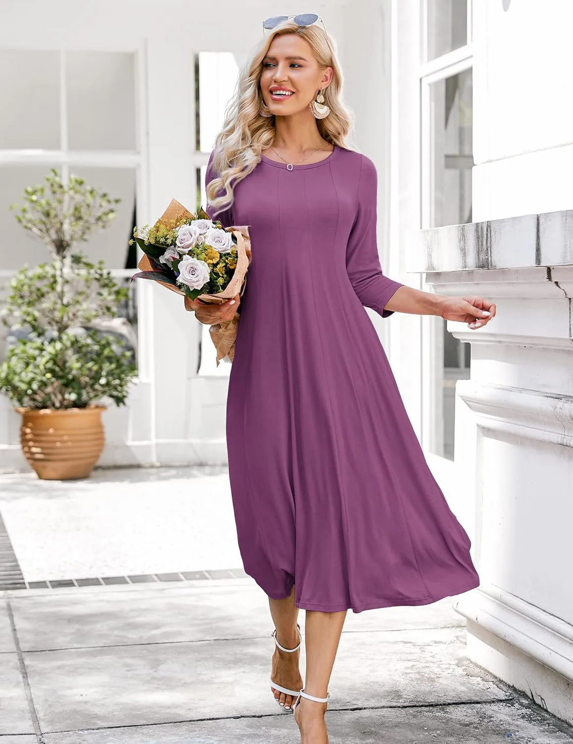 HOTOUCH Women's 3/4 Sleeve A-line and Flare Midi Long Dress