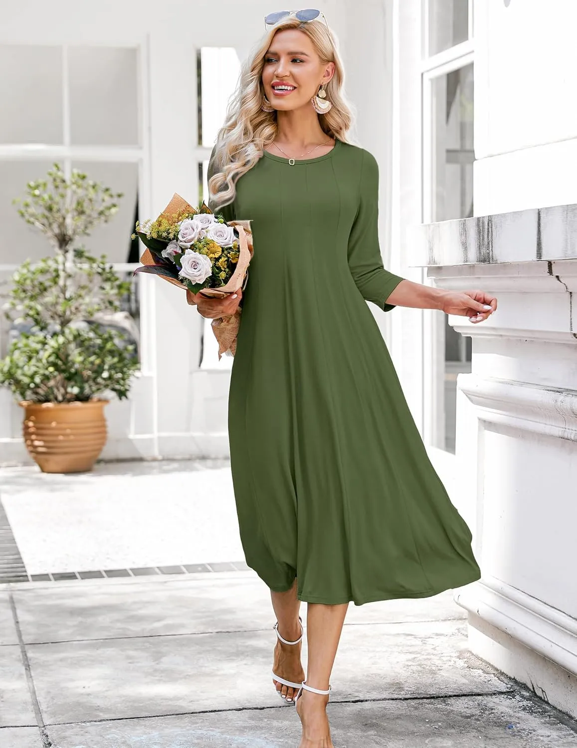 HOTOUCH Women's 3/4 Sleeve A-line and Flare Midi Long Dress