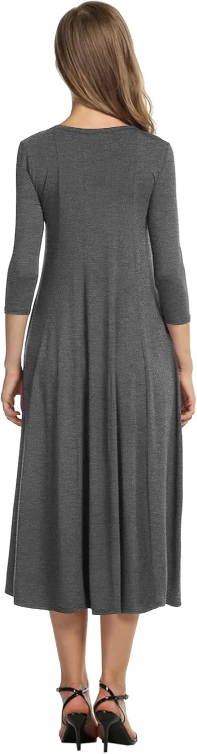 HOTOUCH Women's 3/4 Sleeve A-line and Flare Midi Long Dress