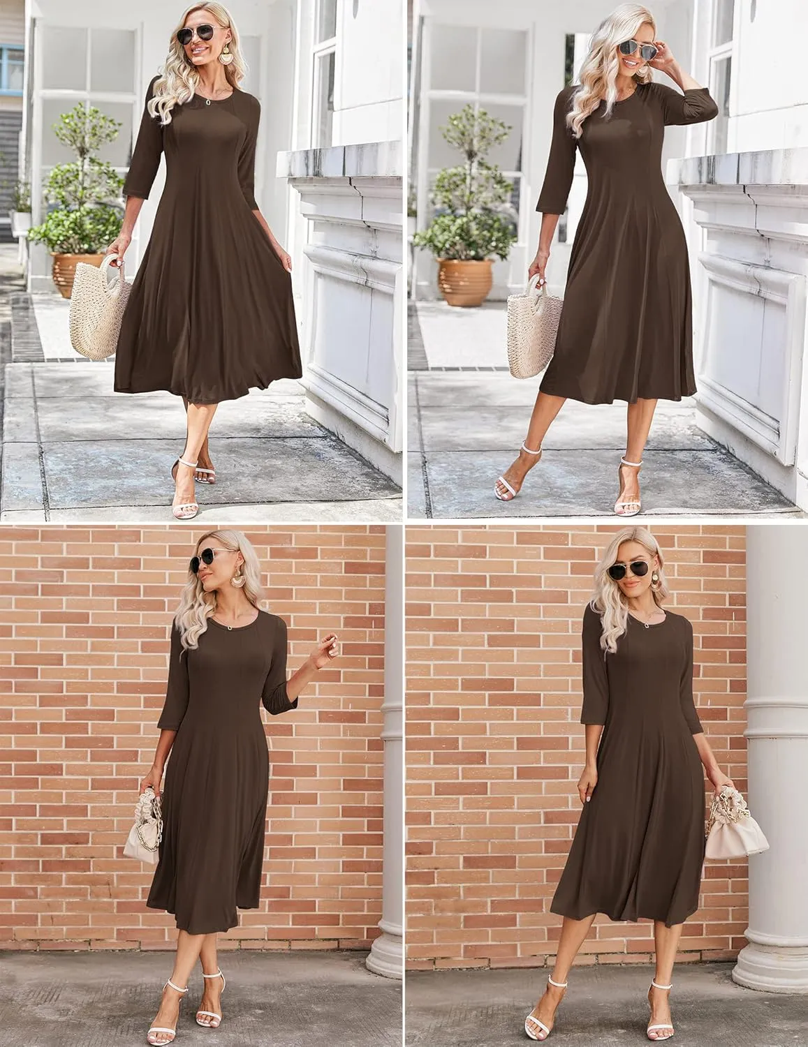 HOTOUCH Women's 3/4 Sleeve A-line and Flare Midi Long Dress