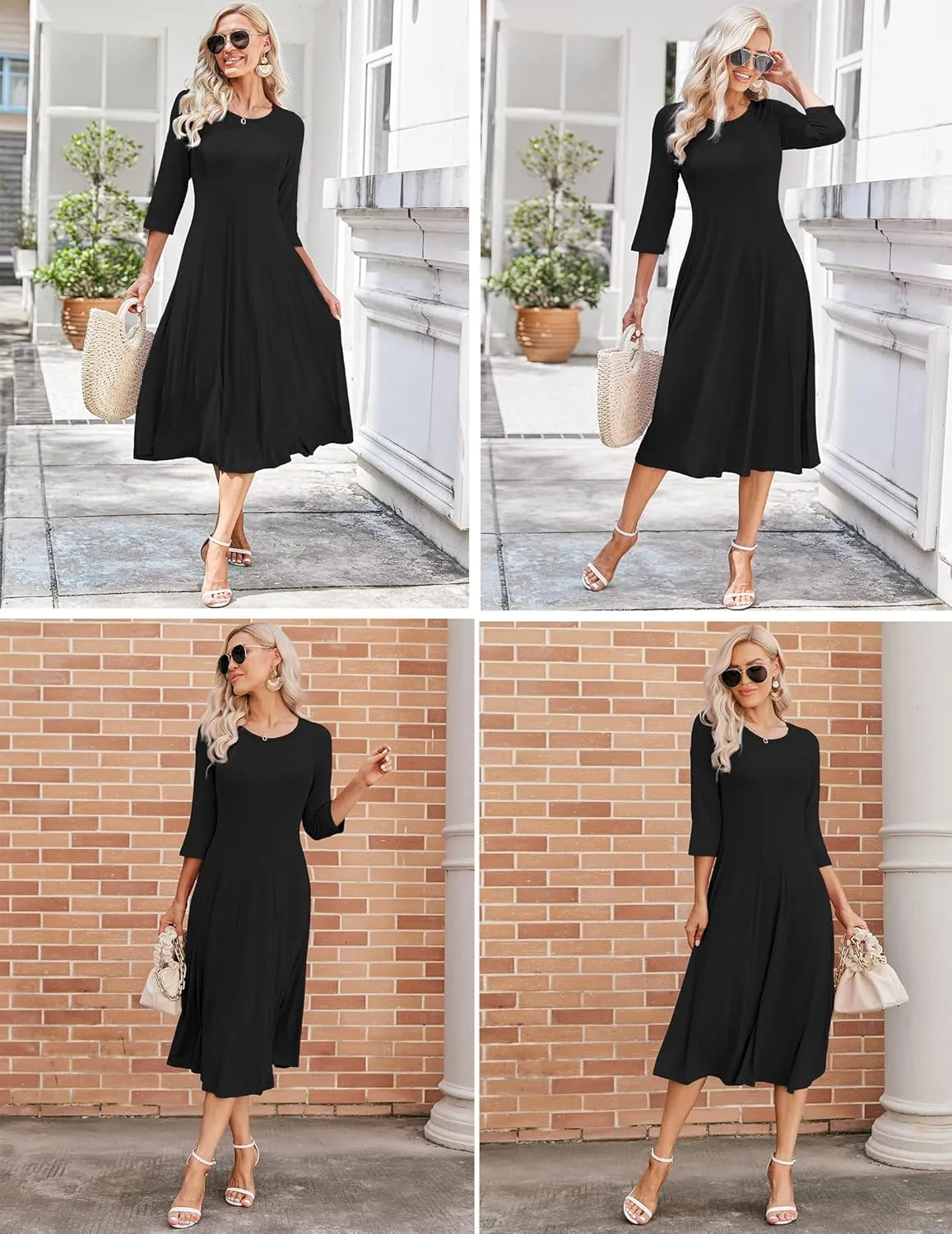HOTOUCH Women's 3/4 Sleeve A-line and Flare Midi Long Dress