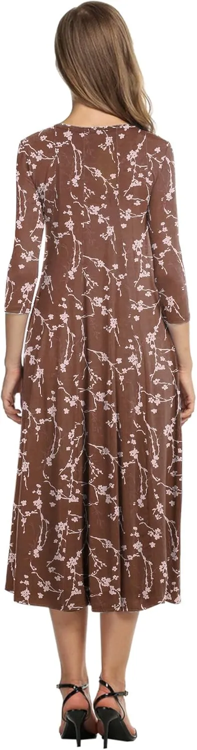 HOTOUCH Women's 3/4 Sleeve A-line and Flare Midi Long Dress