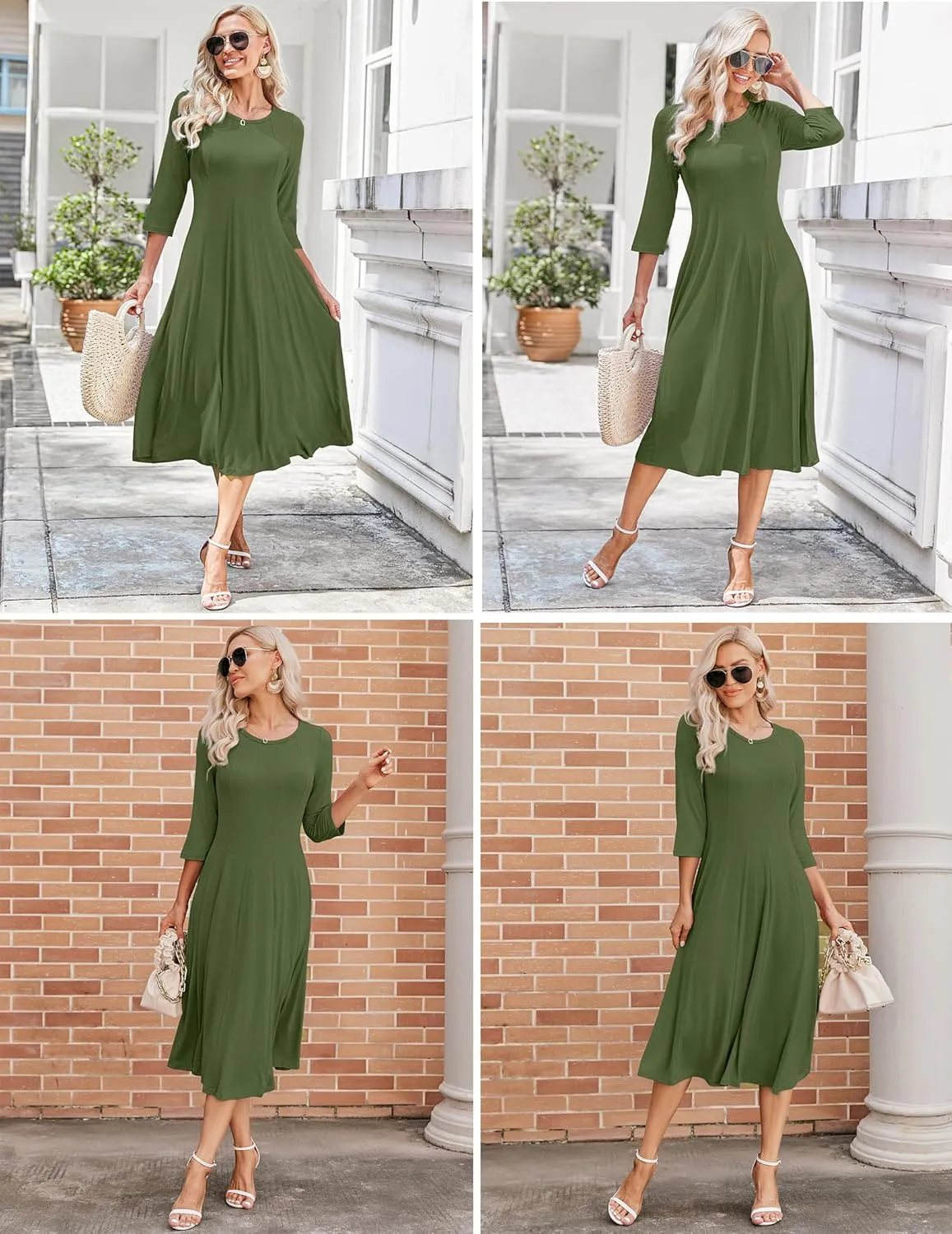 HOTOUCH Women's 3/4 Sleeve A-line and Flare Midi Long Dress