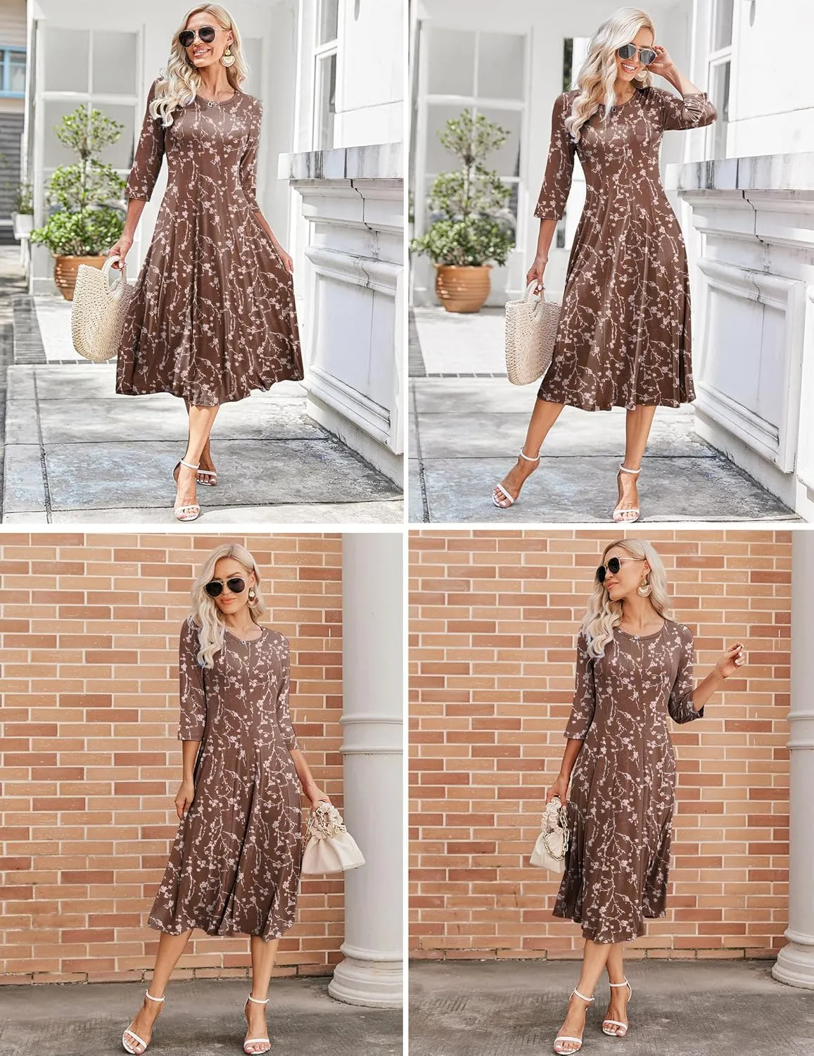 HOTOUCH Women's 3/4 Sleeve A-line and Flare Midi Long Dress