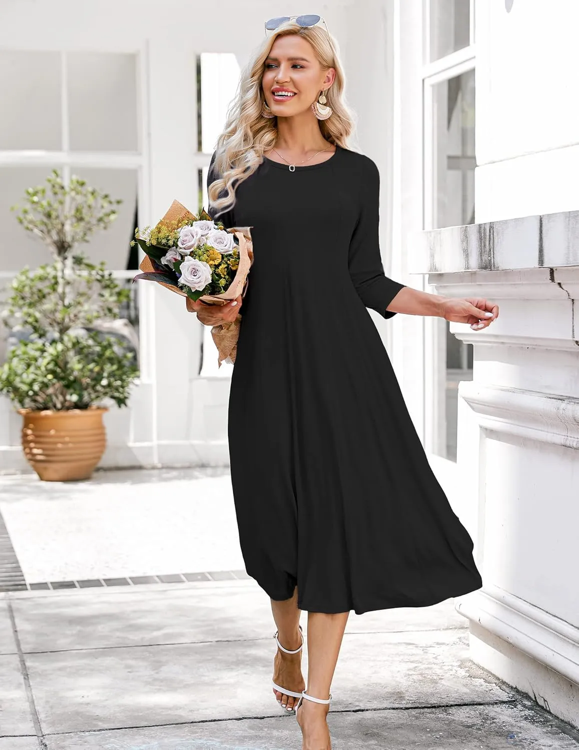 HOTOUCH Women's 3/4 Sleeve A-line and Flare Midi Long Dress