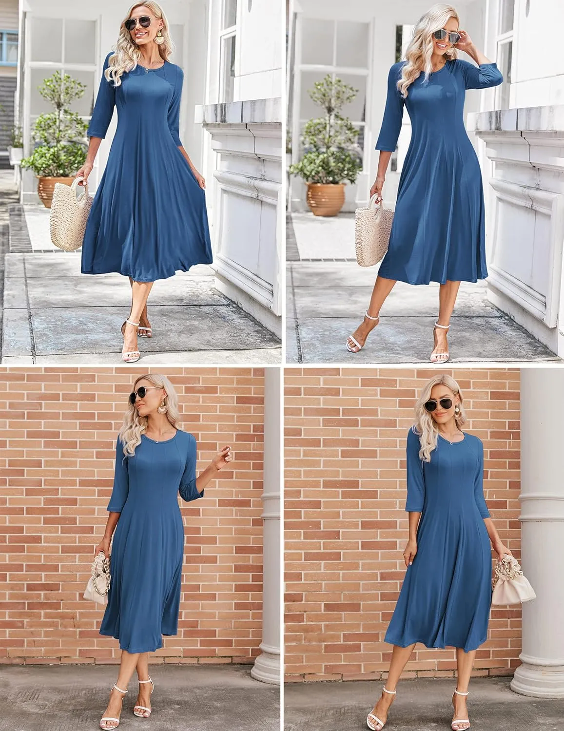 HOTOUCH Women's 3/4 Sleeve A-line and Flare Midi Long Dress