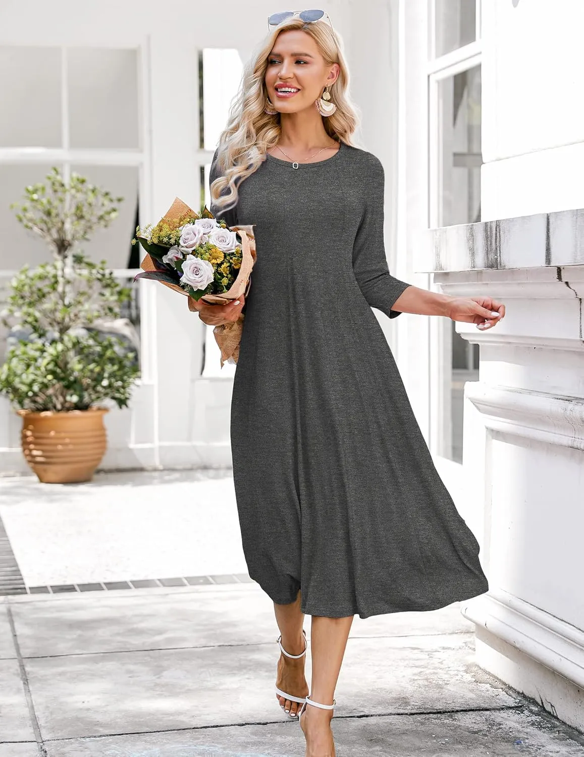 HOTOUCH Women's 3/4 Sleeve A-line and Flare Midi Long Dress