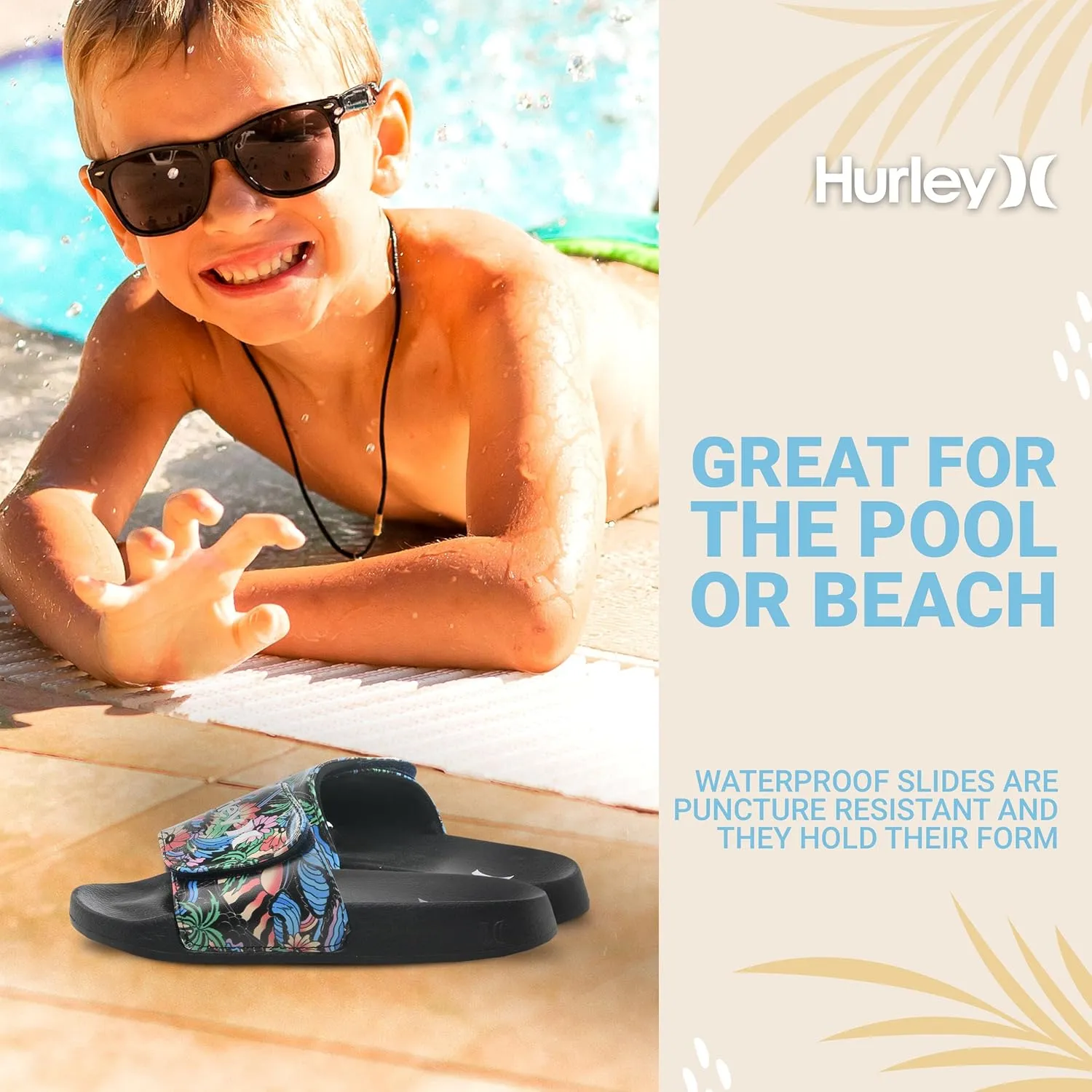 Hurley Naia Slides for Girls and Boys - Comfortable Slip-On Kids Sandals with Adjustable Strap, Unisex Slides for Indoor and Outdoor, Adjustable Sporty Slides for The Beach and Pool