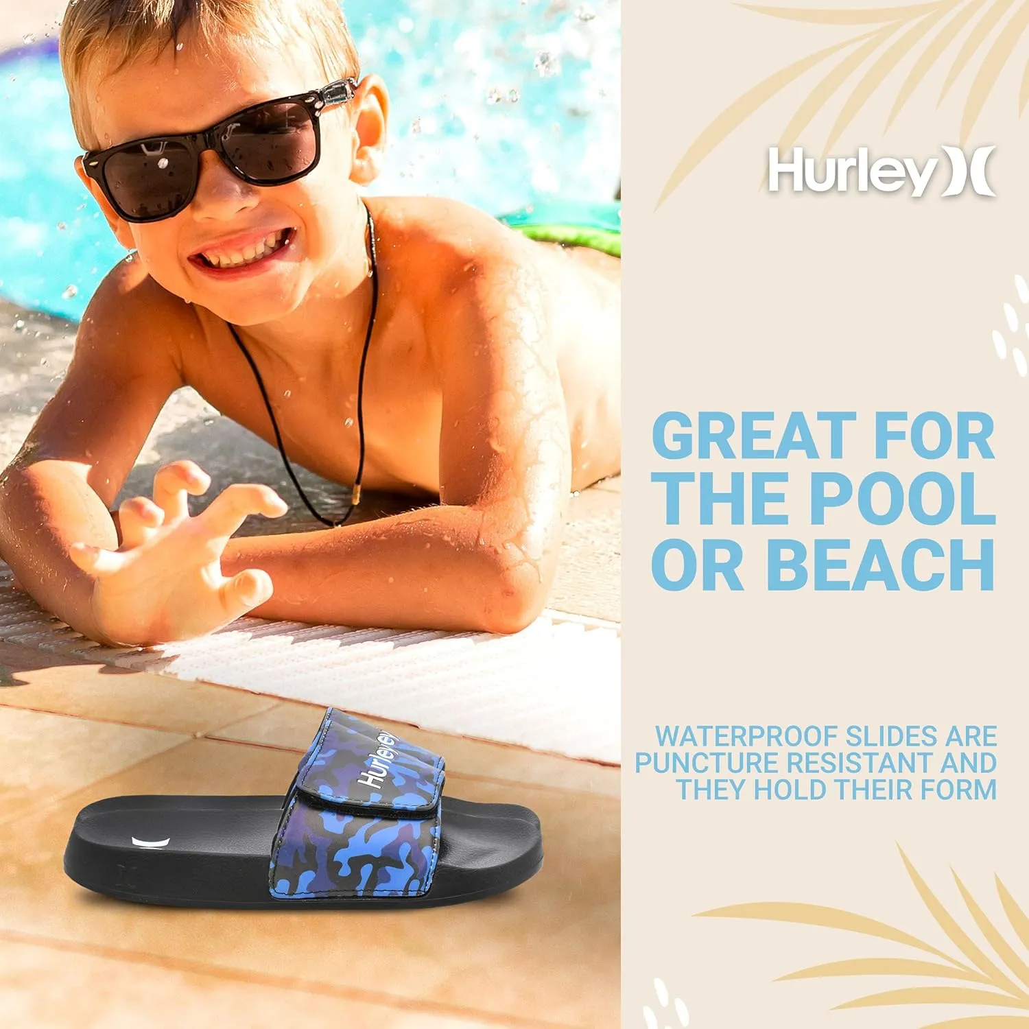 Hurley Naia Slides for Girls and Boys - Comfortable Slip-On Kids Sandals with Adjustable Strap, Unisex Slides for Indoor and Outdoor, Adjustable Sporty Slides for The Beach and Pool