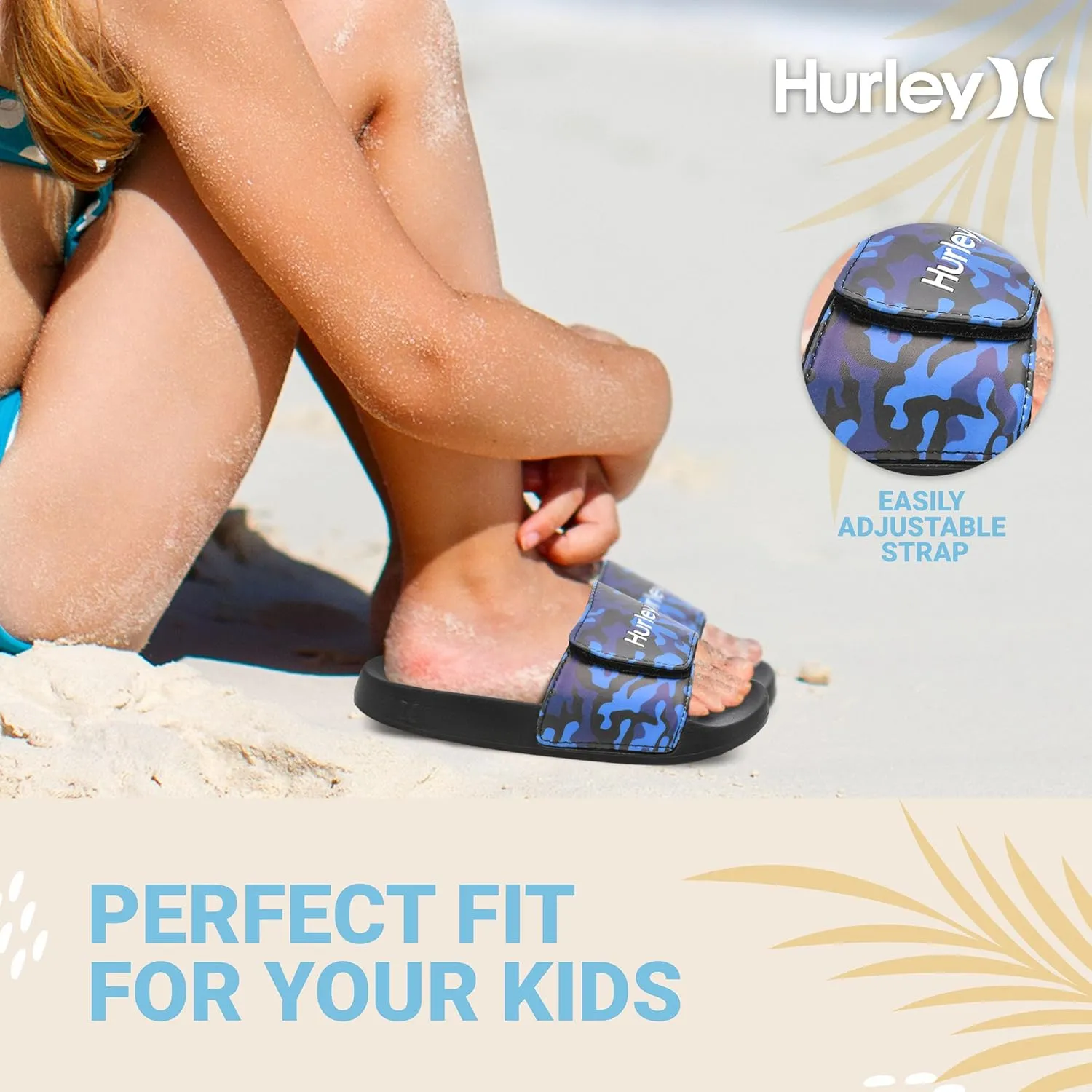 Hurley Naia Slides for Girls and Boys - Comfortable Slip-On Kids Sandals with Adjustable Strap, Unisex Slides for Indoor and Outdoor, Adjustable Sporty Slides for The Beach and Pool