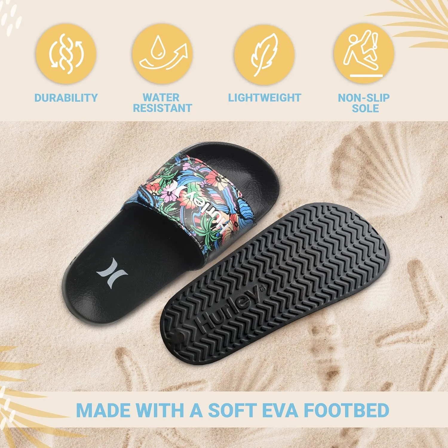 Hurley Naia Slides for Girls and Boys - Comfortable Slip-On Kids Sandals with Adjustable Strap, Unisex Slides for Indoor and Outdoor, Adjustable Sporty Slides for The Beach and Pool
