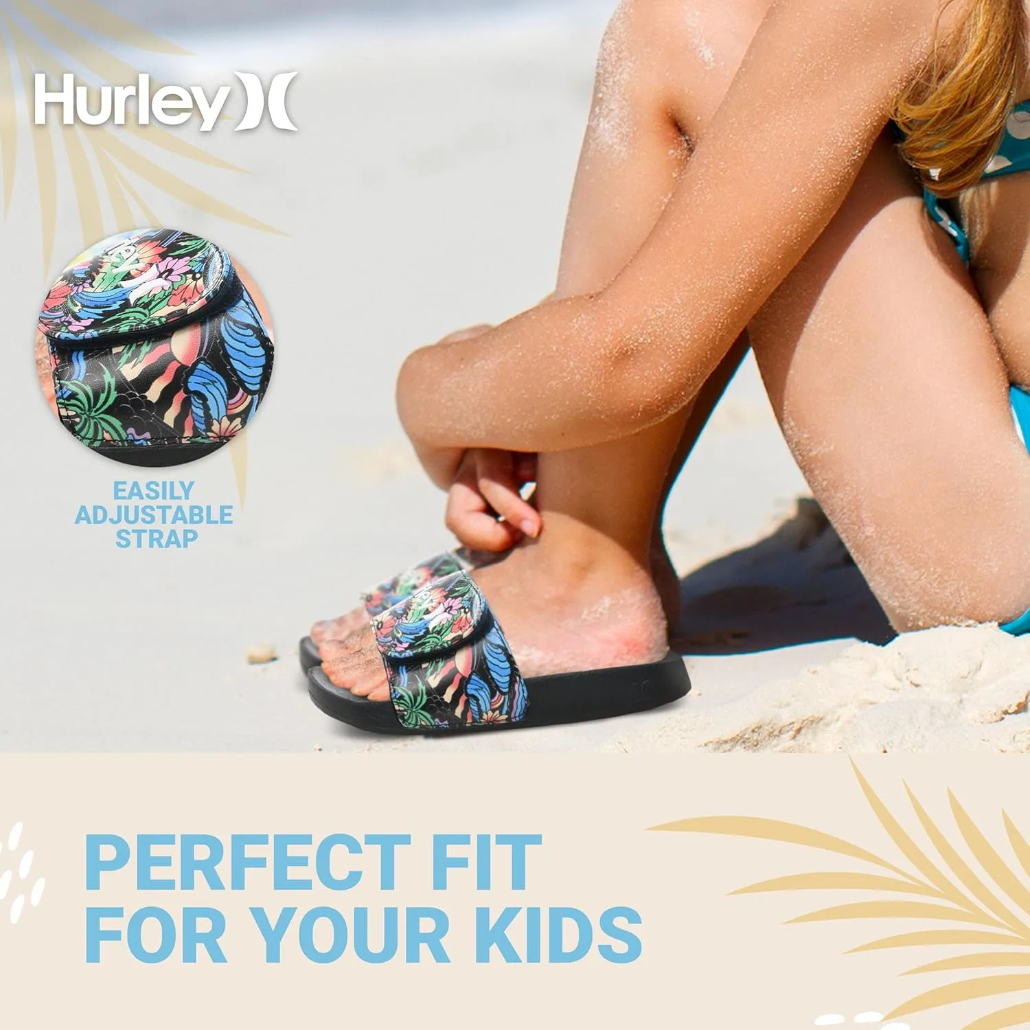 Hurley Naia Slides for Girls and Boys - Comfortable Slip-On Kids Sandals with Adjustable Strap, Unisex Slides for Indoor and Outdoor, Adjustable Sporty Slides for The Beach and Pool
