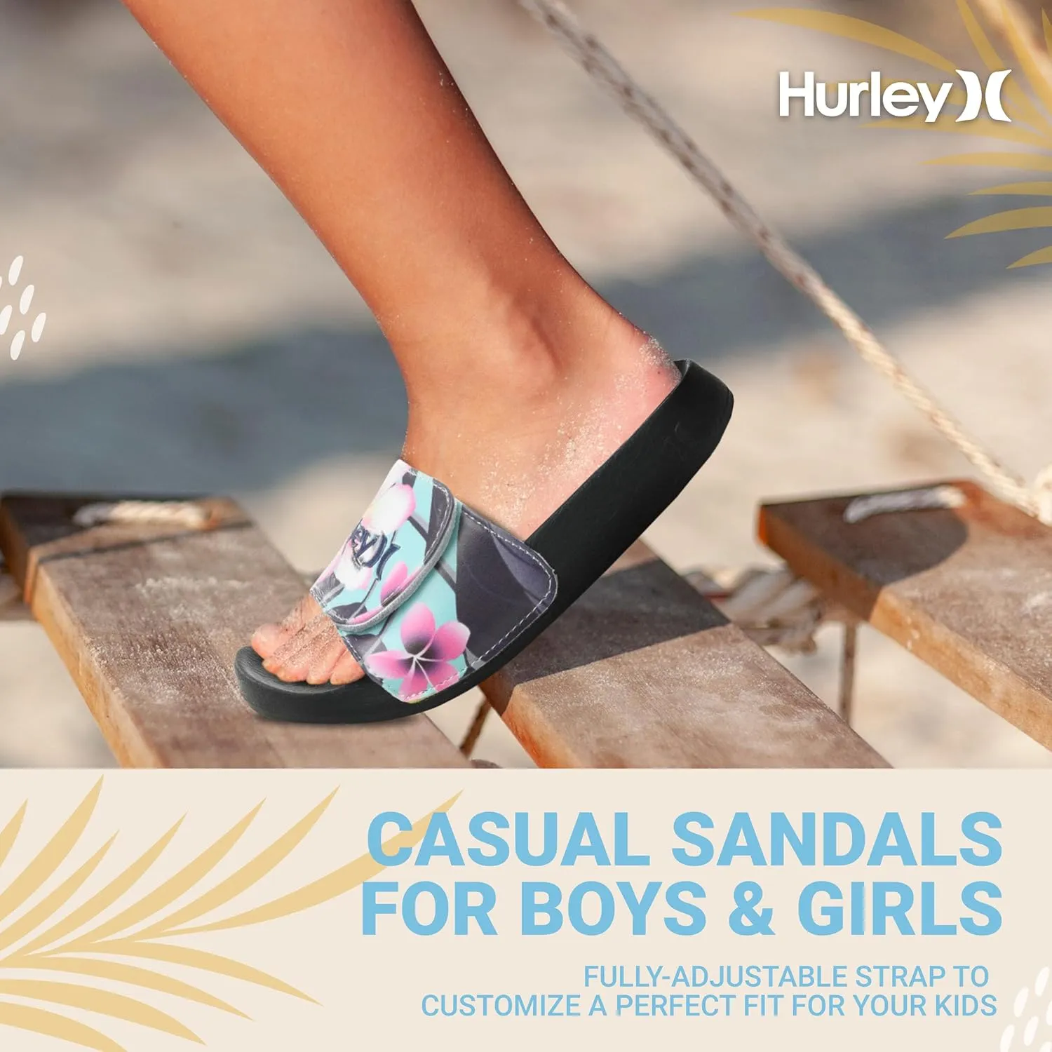 Hurley Naia Slides for Girls and Boys - Comfortable Slip-On Kids Sandals with Adjustable Strap, Unisex Slides for Indoor and Outdoor, Adjustable Sporty Slides for The Beach and Pool