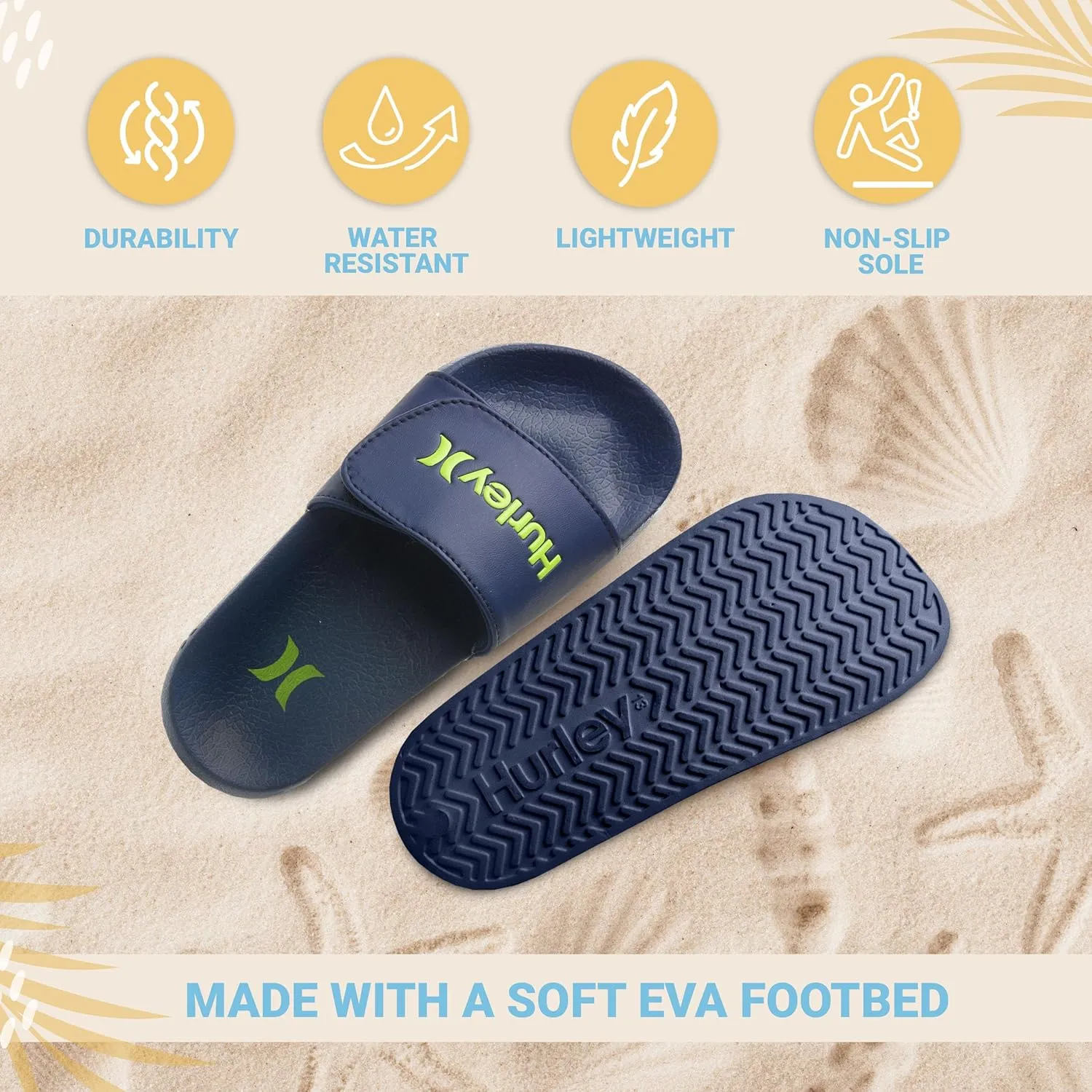 Hurley Naia Slides for Girls and Boys - Comfortable Slip-On Kids Sandals with Adjustable Strap, Unisex Slides for Indoor and Outdoor, Adjustable Sporty Slides for The Beach and Pool