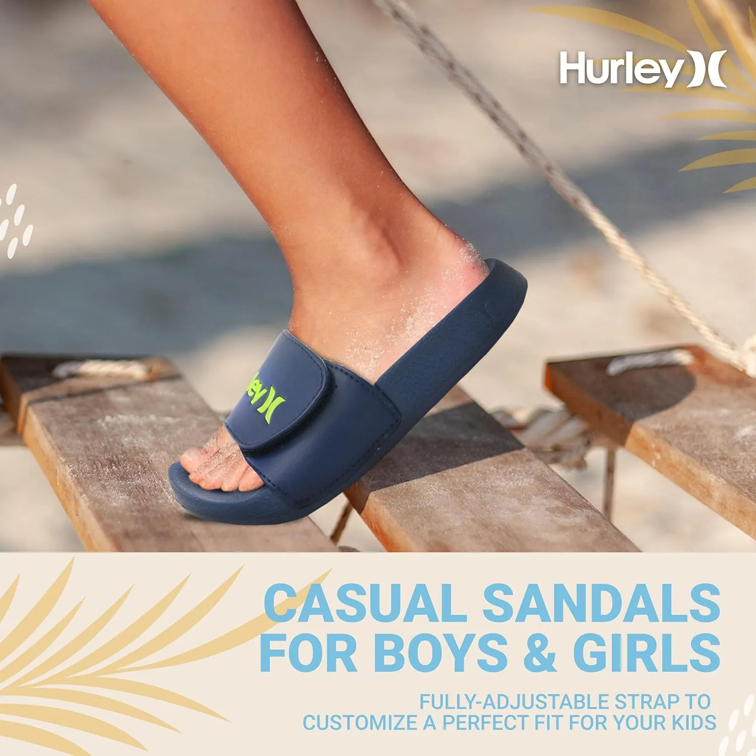 Hurley Naia Slides for Girls and Boys - Comfortable Slip-On Kids Sandals with Adjustable Strap, Unisex Slides for Indoor and Outdoor, Adjustable Sporty Slides for The Beach and Pool