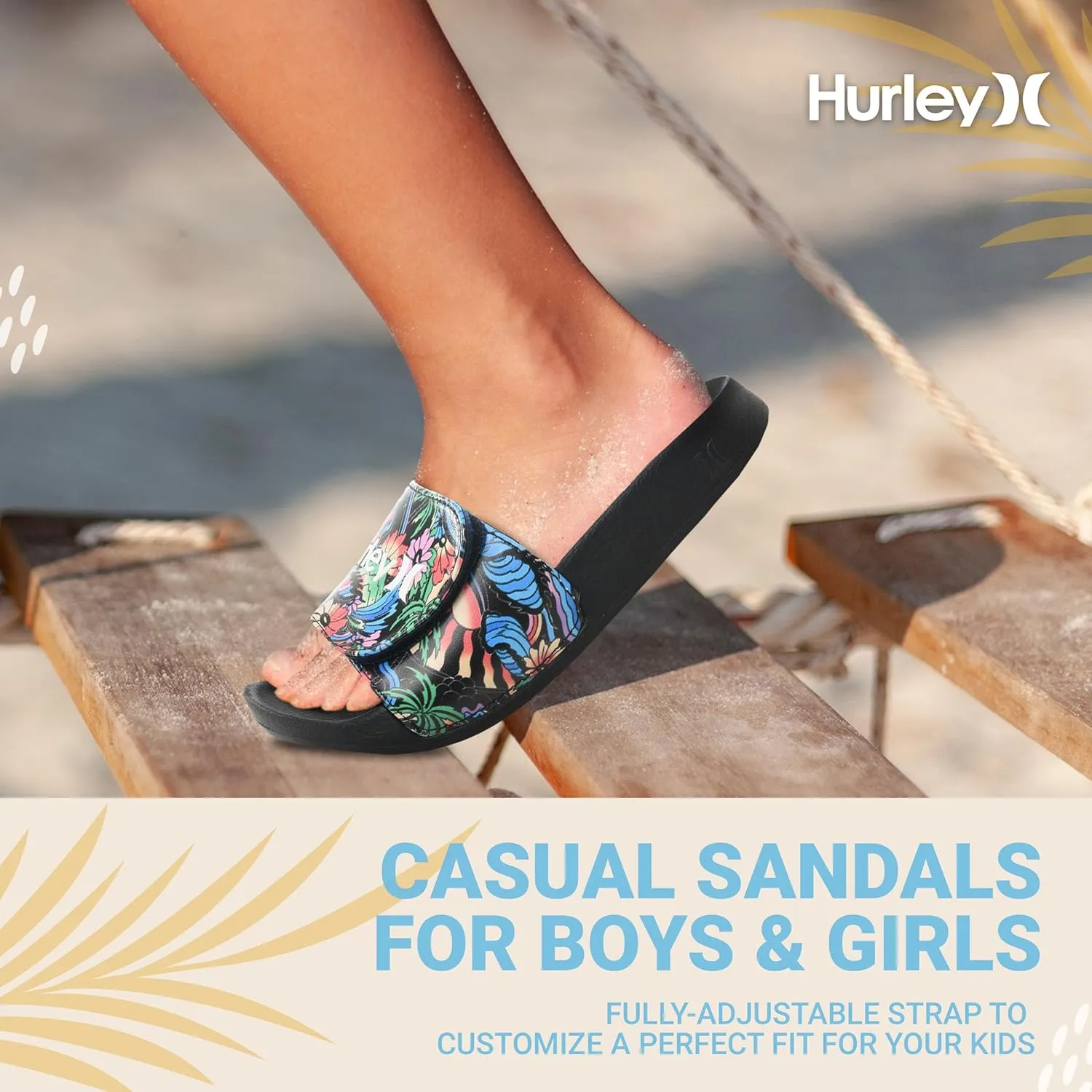 Hurley Naia Slides for Girls and Boys - Comfortable Slip-On Kids Sandals with Adjustable Strap, Unisex Slides for Indoor and Outdoor, Adjustable Sporty Slides for The Beach and Pool