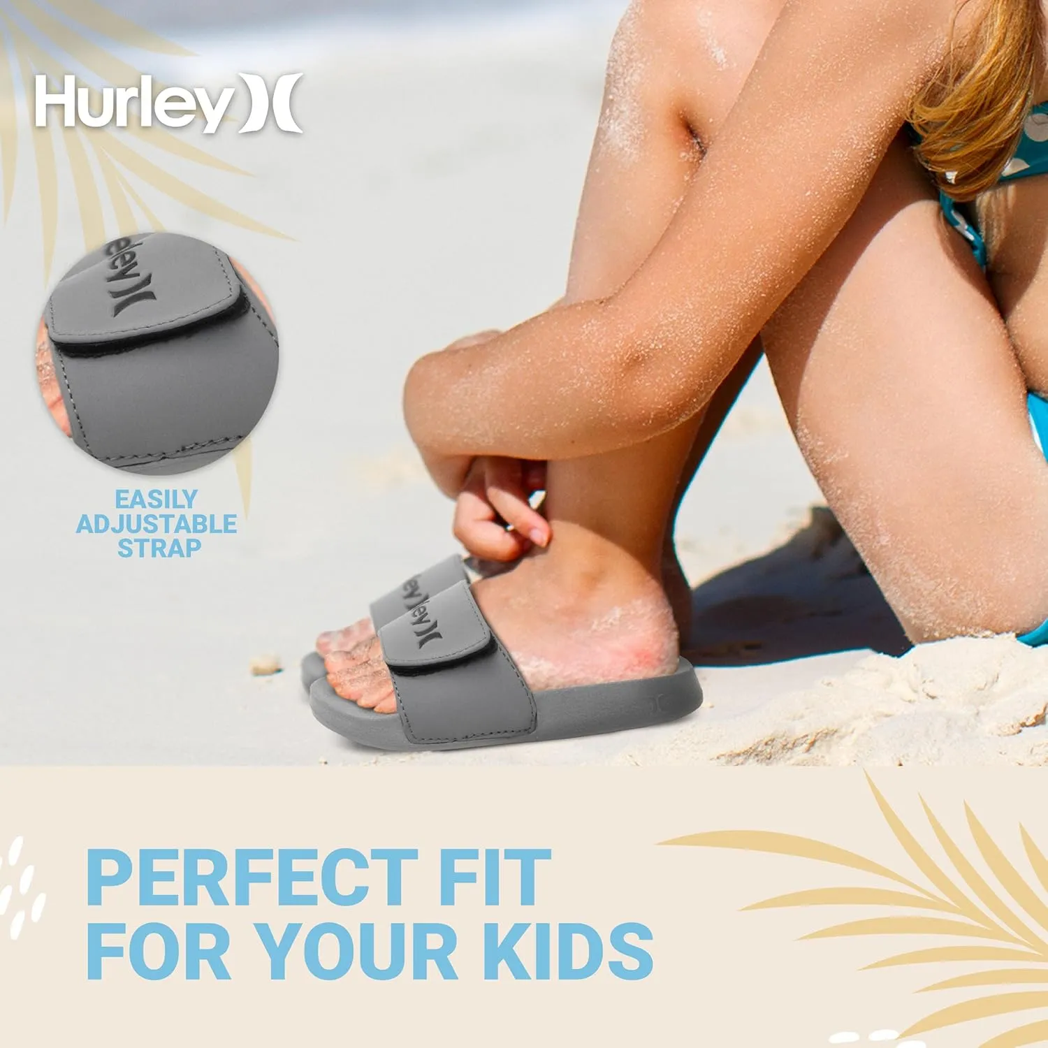 Hurley Naia Slides for Girls and Boys - Comfortable Slip-On Kids Sandals with Adjustable Strap, Unisex Slides for Indoor and Outdoor, Adjustable Sporty Slides for The Beach and Pool