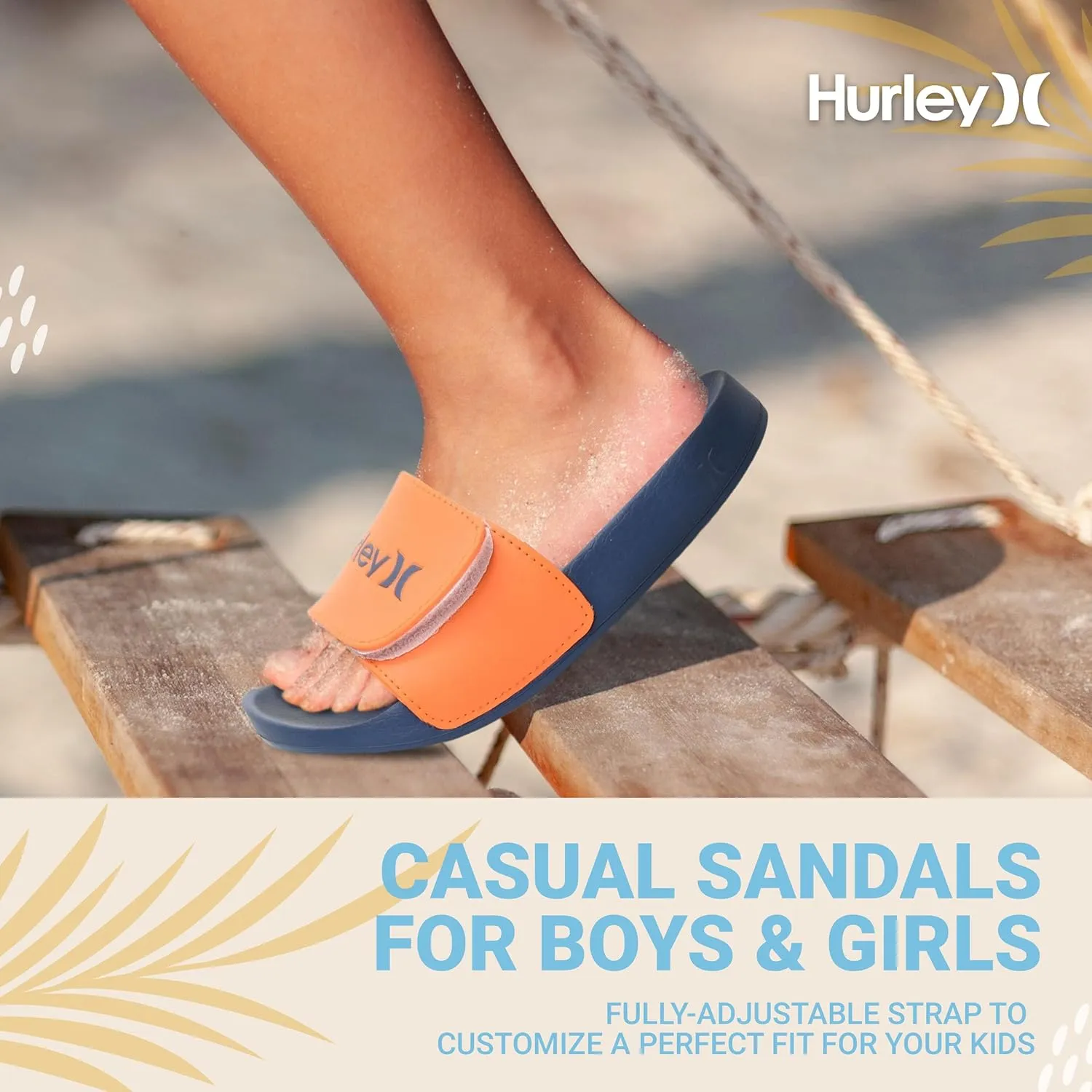 Hurley Naia Slides for Girls and Boys - Comfortable Slip-On Kids Sandals with Adjustable Strap, Unisex Slides for Indoor and Outdoor, Adjustable Sporty Slides for The Beach and Pool