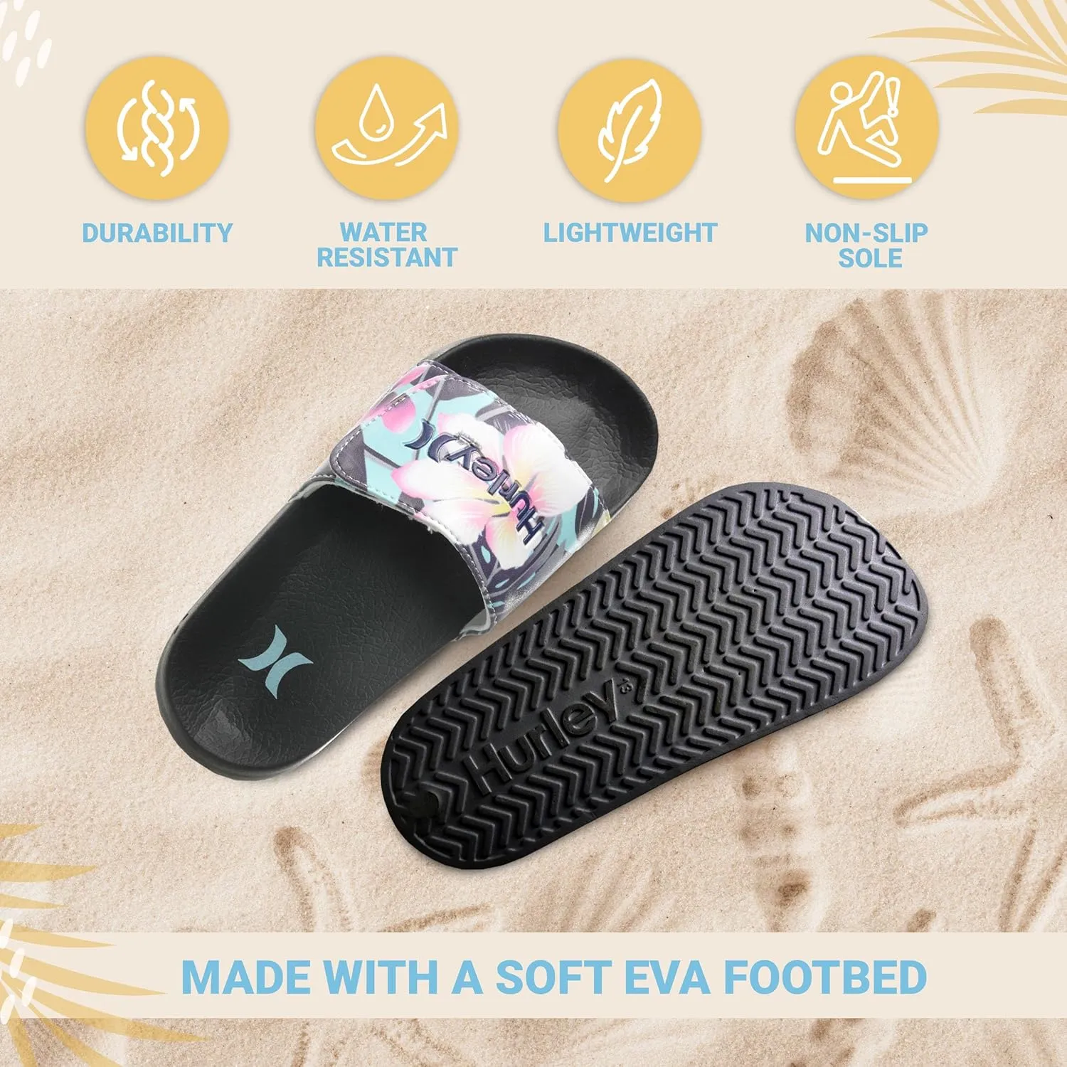 Hurley Naia Slides for Girls and Boys - Comfortable Slip-On Kids Sandals with Adjustable Strap, Unisex Slides for Indoor and Outdoor, Adjustable Sporty Slides for The Beach and Pool