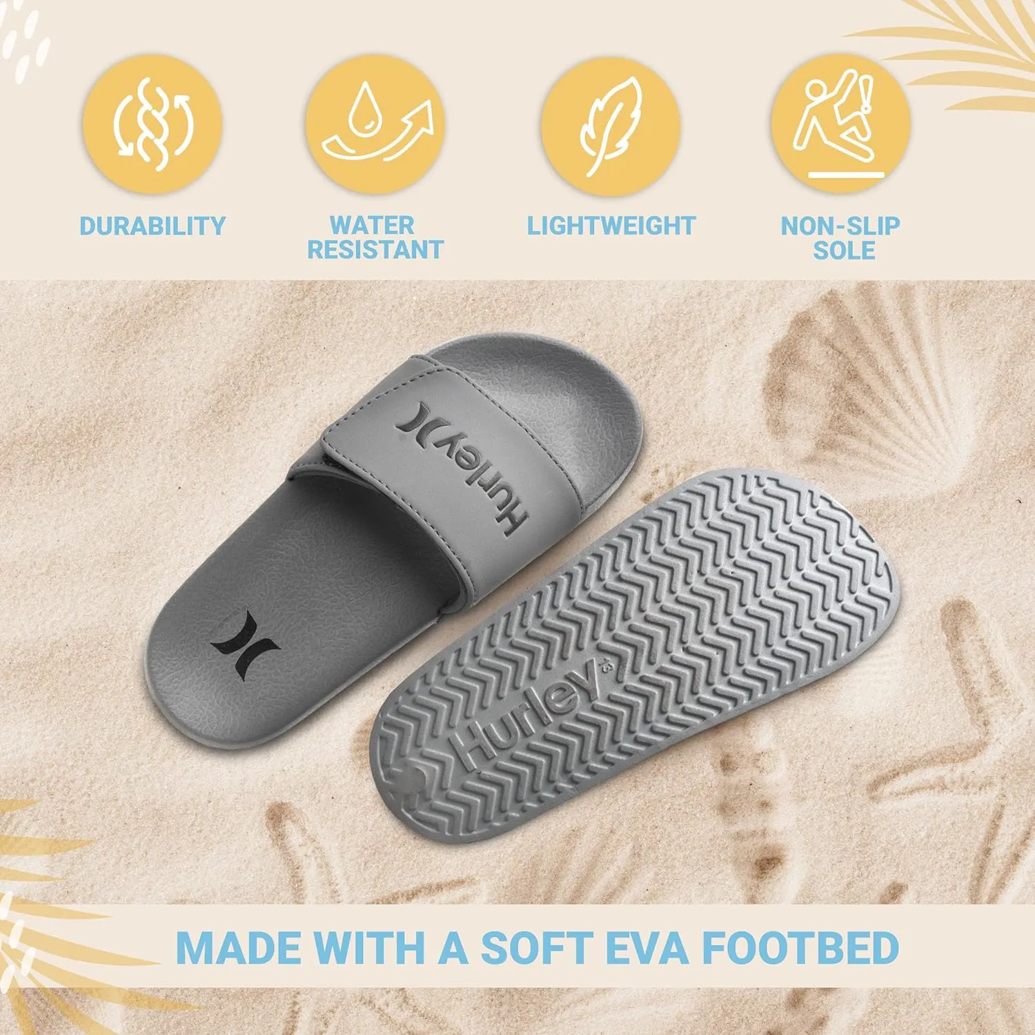 Hurley Naia Slides for Girls and Boys - Comfortable Slip-On Kids Sandals with Adjustable Strap, Unisex Slides for Indoor and Outdoor, Adjustable Sporty Slides for The Beach and Pool