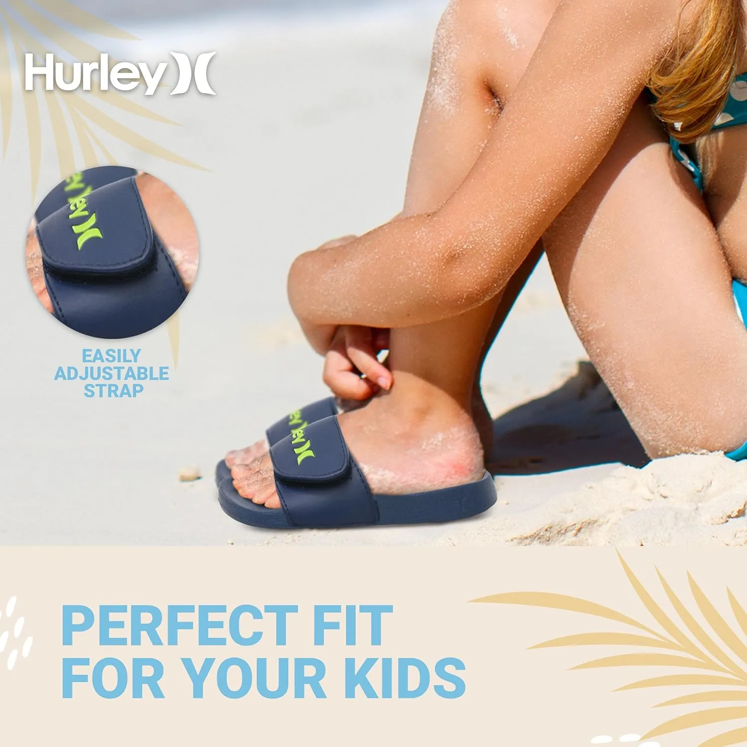 Hurley Naia Slides for Girls and Boys - Comfortable Slip-On Kids Sandals with Adjustable Strap, Unisex Slides for Indoor and Outdoor, Adjustable Sporty Slides for The Beach and Pool